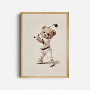 Retro Teddy Bear Golf Print: Vintage Nursery Wall Art (Digital Download)