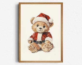 Santa Teddy Bear Print | Christmas Nursery Wall Art | Cute Holiday Bear Illustration (Digital Download)