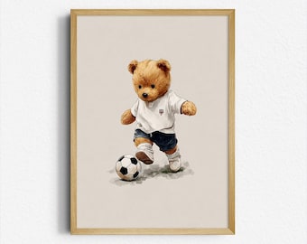 Teddy Bear Soccer Nursery Print – Sports Wall Art (Digital Download)