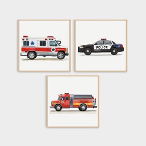 Emergency Vehicle Print Set of 3 – Police Car, Fire Truck & Ambulance Wall Art – Boys Room Decor – Rescue Theme – Digital Download