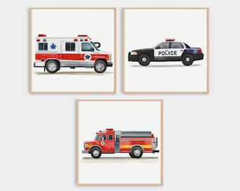 Emergency Vehicle Prints Set: Fire Truck, Police Car, Ambulance (Digital Download)