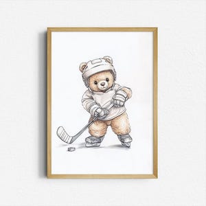 Impresión vintage de osito de hockey / Arte deportivo con dibujos animados / Decoración infantil / Arte mural retro para niños / Descarga digital