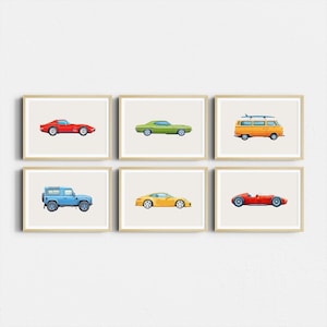Set of 6 Classic Car Nursery Prints | Vintage 70s Car Wall Art for Kids Room | Retro Boys Room Decor Printable