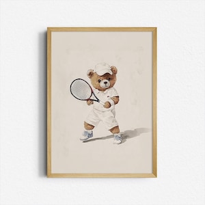 Vintage Teddy Bear Tennis Print | Retro Sports Nursery Art | Classic Children’s Wall Decor | Playroom Illustration | Digital Download