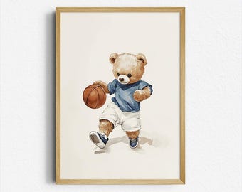 Vintage Basketball Bear Print | Retro Sports Wall Art | Kids Room & Nursery Decor | Printable Download