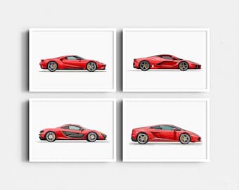 Red Supercar Nursery Prints: Boys Room Car Decor (Digital Download Set of 4)
