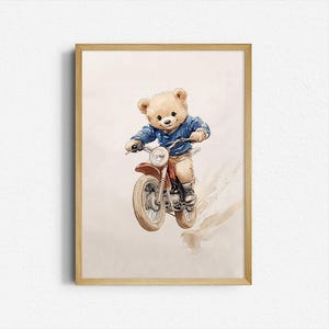 Impresión retro de osito de peluche en moto de cross: Arte infantil vintage (descarga digital)