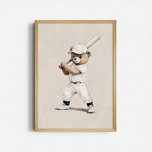 Cute Teddy Bear Baseball Print – Sports Nursery Wall Art – Kids Room Decor – Playful Animal Art – Digital Download