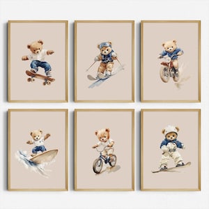 Set of 6 Retro Adventure Teddy Bear Prints, Extreme Sports Nursery Art, Kids Room Decor, Baby Shower Gift, Printable Wall Art