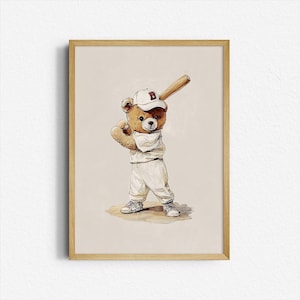 Teddy Bear Baseball Digital Print – Cute Sports Wall Art for Nursery or Kids Room – Baseball Animal Poster – Instant Download