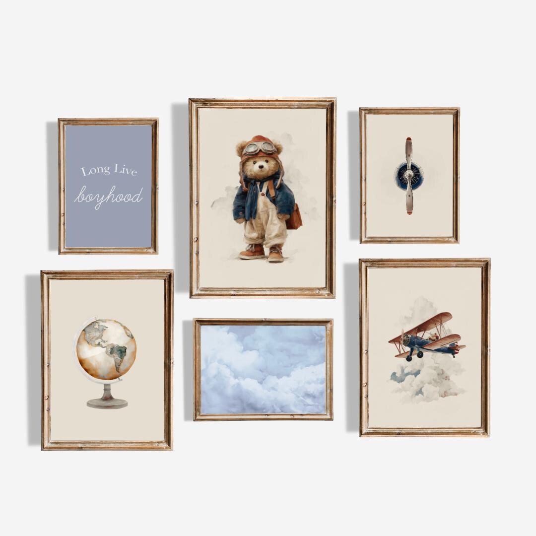 Aviator Teddy Bear Wall Art Set of 6 | Boys Nursery Airplane Digital ...