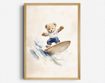 Teddy Bear Surfing Print: Beach Nursery Wall Art (Digital Download)