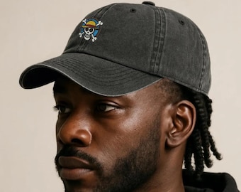 Cappello da papà con teschio di paglia e emblema / Cappellino nero ricamato ispirato agli anime