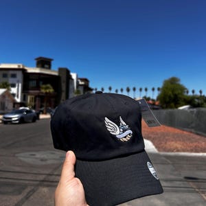 Peut inclure: Casquette de baseball noire avec un motif brodé d'une créature ailée en blanc, bleu et beige. La casquette a une visière incurvée et une étiquette. Le fond montre un ciel bleu clair et un quartier résidentiel.