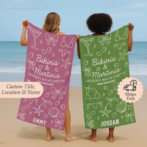 Personalized Vacation Towel Bachelorette Party Gift Travel Group Towels Beach Towel Custom Bikinis Martinis Pool Bridesmaid Gift Trip Towel