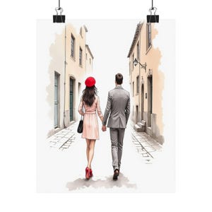 Romantic Couple Wall Art | French Street Poster Print | Red Dress Watercolor Decor for Bedroom or Gift