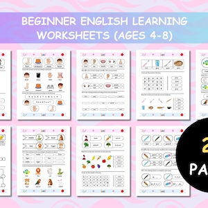 Può includere: Un set di 20 fogli di lavoro di apprendimento dell'inglese stampabili per bambini dai 4 agli 8 anni. I fogli di lavoro presentano illustrazioni colorate e attività per aiutare i bambini ad imparare il vocabolario e i concetti di base.