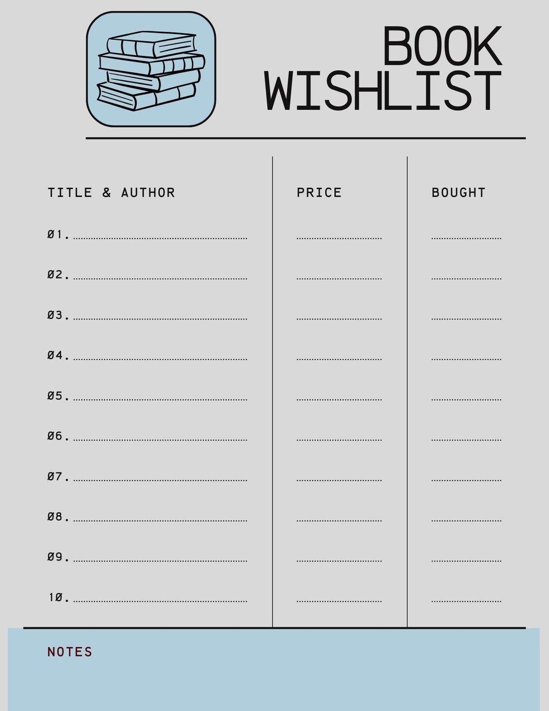 Book List Printable - Etsy
