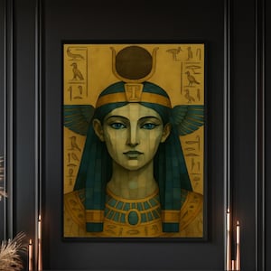 May include: An interior shot of a living room with dark walls and furniture. A framed portrait of an Egyptian figure hangs above a fireplace with a burning fire. Two gray sofas, a coffee table, and decorative plants complete the scene.