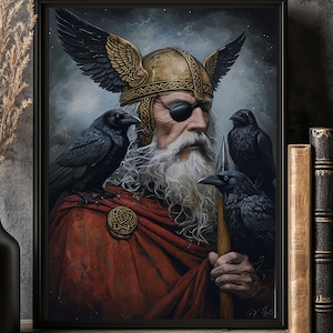 Odin Norse God Digital Art Print | Viking Mythology Wall Decor with Ravens | Nordic Pagan Wall Art | Printable Norse Deity Illustration