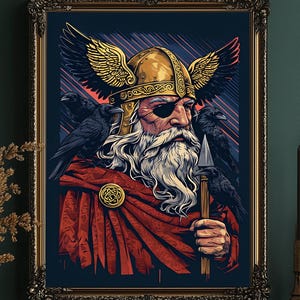 Odin Norse God Digital Print | Viking Mythology Wall Art with Ravens | Nordic Pagan Deity Illustration | Printable Viking Warrior Decor