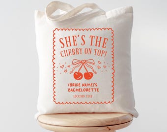 She's the Cherry On Top! Bachelorette Party Tote Bag | bridesmaid tote bags, bachelorette tote bags, bachelorette bags, shes tying the knot
