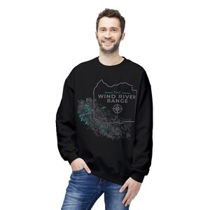 Sudadera con mapa topográfico de Wind River Range, unisex, cuello redondo, ropa de aventura, regalo para senderistas, ropa para amantes de la naturaleza.