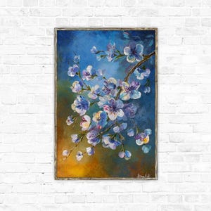 春の桜のアクリル画、桜の壁アート、日本の花飾り、モダンな抽象キャンバス、ピンクブルーのホームデコレーション
