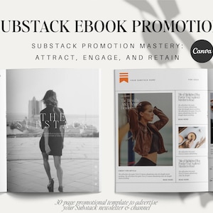 Puede incluir: Una imagen en blanco y negro de un libro abierto con el texto "SUBSTACK EBOOK PROMOTION" y "SUBSTACK PROMOTION MASTERY: ATTRACT, ENGAGE, AND RETAIN" en la portada. El libro está abierto en una página con el texto "ON THE SUBSTACK" y una foto de una mujer con una chaqueta de cuero marrón. El libro está sobre una superficie blanca.