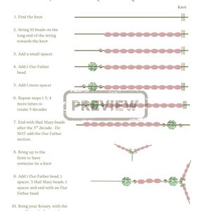 May include: An instructional guide titled HOW TO MAKE A ROSARY by Catholic Country Chronicles. The document features ten numbered steps with corresponding illustrations showing pink beads, green beads, spacers, and string knots to assemble a rosary.