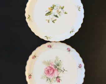 Vintage porseleinen borden met bloemen, set van 2, geschulpte rand met gouden rand, borden met roze roos en witte bloesem, serviesgoed in cottage-stijl