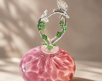 Vintage Pink Mottled Art Glass Perfume Bottle, Hand-Blown Floral Stopper Vanity Decor