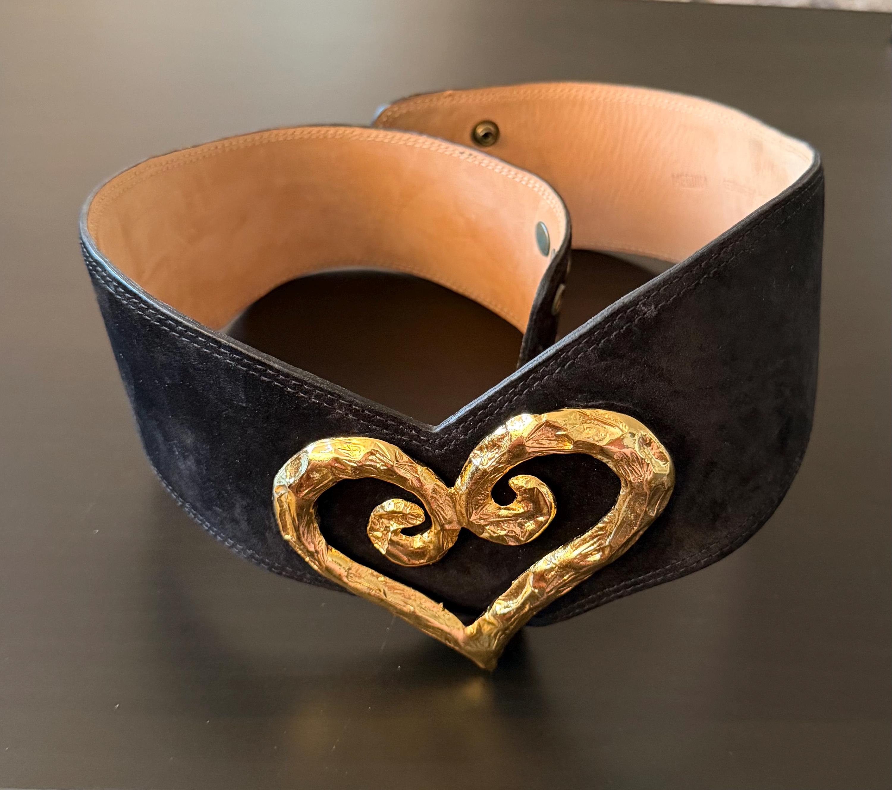 Vintage Édouard Rambaud Paris Belt – Black Suede With Gold Heart 
