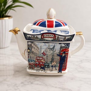 James Sadler Piccadilly London Teapot – Union Jack Lid, English Fine China, Collectible Tea Pot