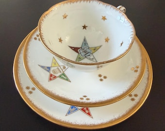 Juego de tazas de té masónicas/de la Estrella de Oriente vintage – Trío de porcelana con borde dorado (taza, platillo y plato) – Regalo coleccionable fraternal