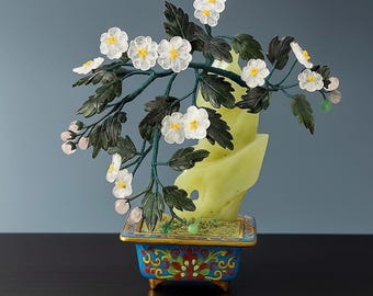 ヴィンテージハンドメイド鉢植え翡翠花風景、可動式五色桃花盆栽翡翠木