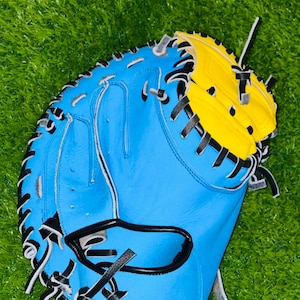 Custom Blue & Yellow Baseball Catcher&#39;s Mitt: Pro-Style Leather Glove