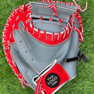 Custom Catcher’s Mitt | Baseball & Softball | Gray and Red Design | Personalized Glove with Logo