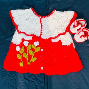 Handmade Crochet Baby Frock – Red & White | Floral Design | Newborn to 12 Months