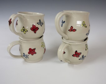 set of 4 handmade mugs / hand painted flowers / small mugs / wedding gift / ceramic mugs
