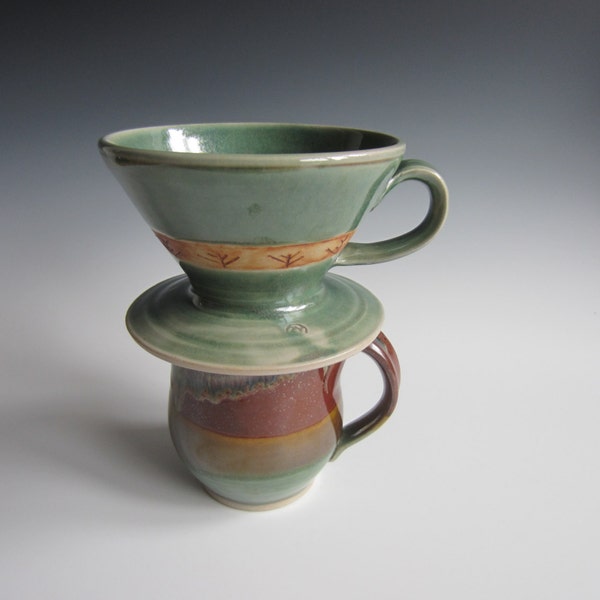 Drip coffee maker / handmade / pottery / green / coffee cone / single serving / Pacifif Northwest theme