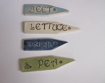 Handmade ceramic plant markers / set of 4 plant markers / beet basil sweet pea lettuce markers / ready to ship