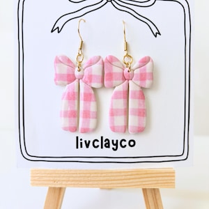 Pink Gingham Bow Earrings: Lightweight Polymer Clay, Clip-On Option