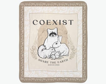 Manta Sherpa con diseño de animales del bosque de Coexist, manta de forro polar acogedora para amantes de la naturaleza.