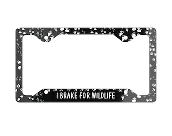 Cornice portatarga "I Brake for Wildlife", accessorio per auto con impronte di animali, regalo per amanti della vita all'aria aperta.