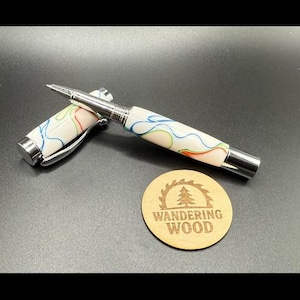 Handmade White Multi Color Acrylic Roller Ball Pen with Chrome Finish