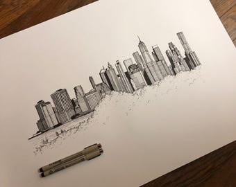 Disegno originale - Skyline di New York - Illustrazione realizzata con pennarelli neri