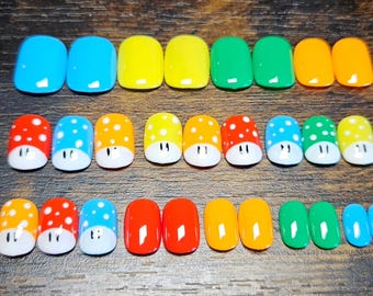 Mario World Toads - Extra Short Round - Handcrafted Custom Press On Nail Set