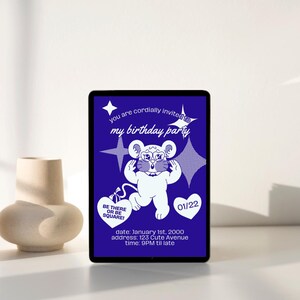 May include: A blue digital invitation with a white cartoon mouse wearing glasses and a heart-shaped balloon that says "Be there or be square!" The invitation text reads "You are cordially invited to my birthday party" and includes the date, address, and time of the party.