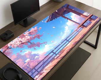 Sakura Gaming Mousepad: Japanese Cherry Blossom Desk Mat, Sakura Skies Kuzeno Gaming Mousepad